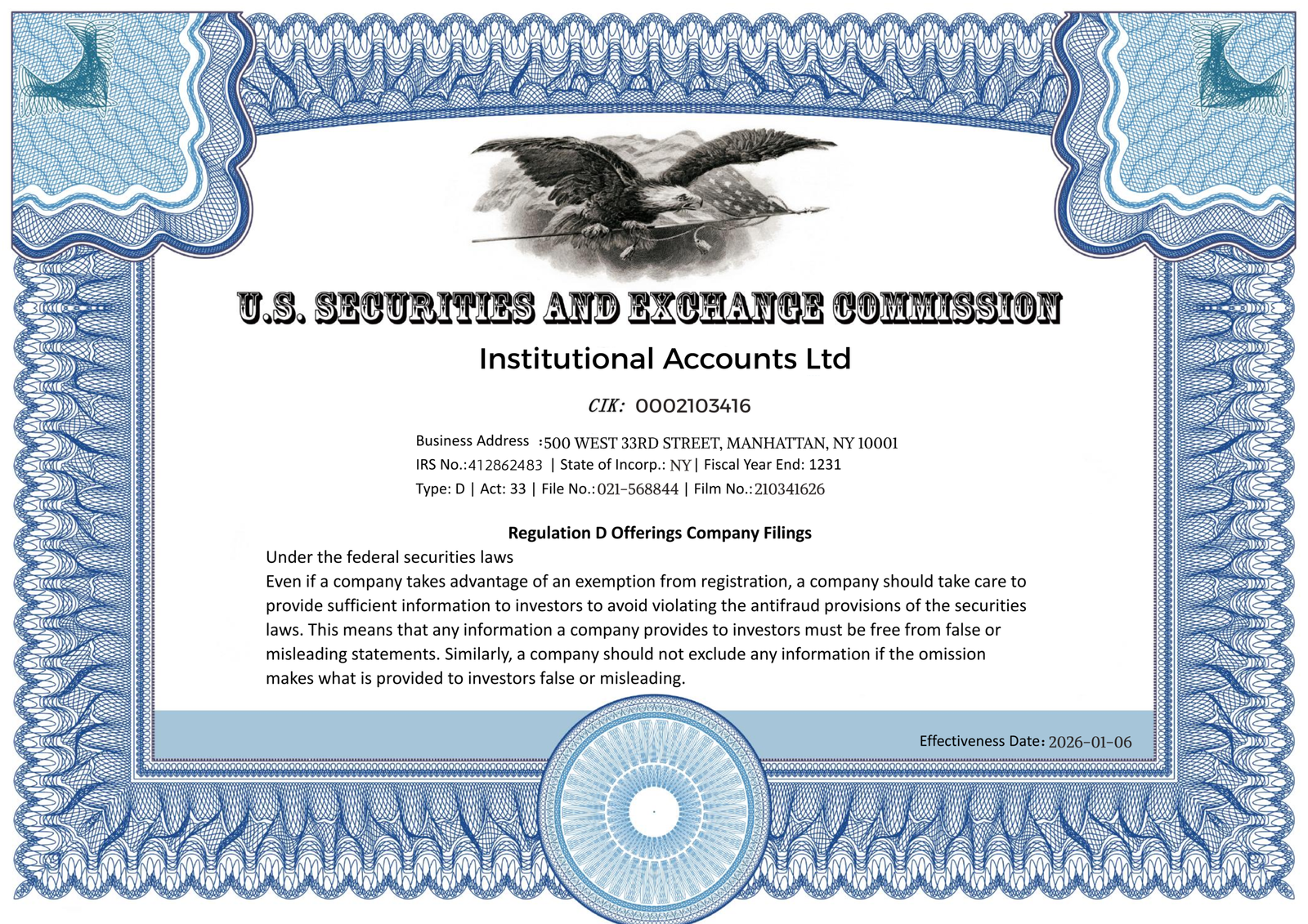 Read more about the article Institutional Accounts Ltd SEC备案记录（EDGAR官方Form D文件）