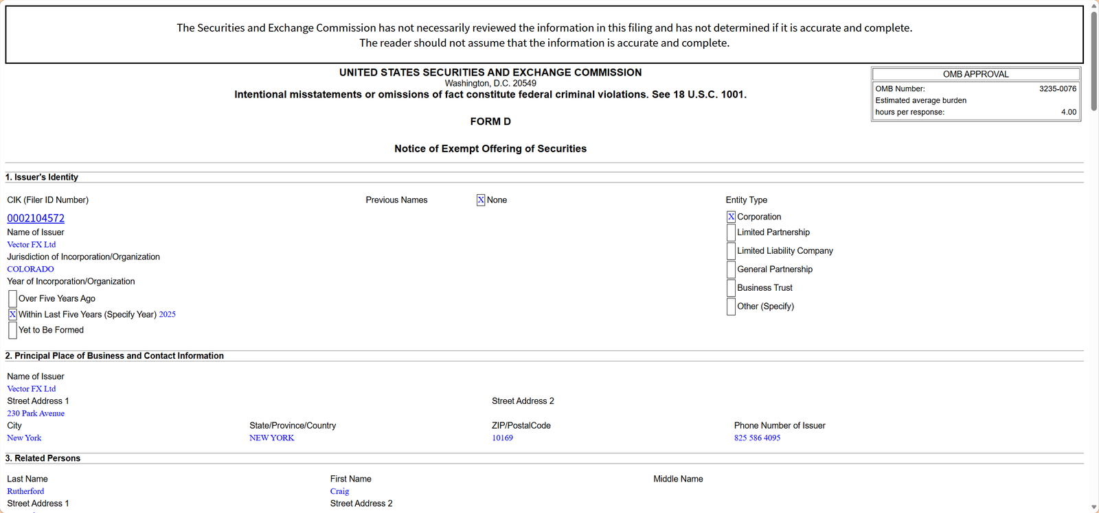 Read more about the article Vector FX Ltd SEC备案记录（EDGAR官方Form D文件）