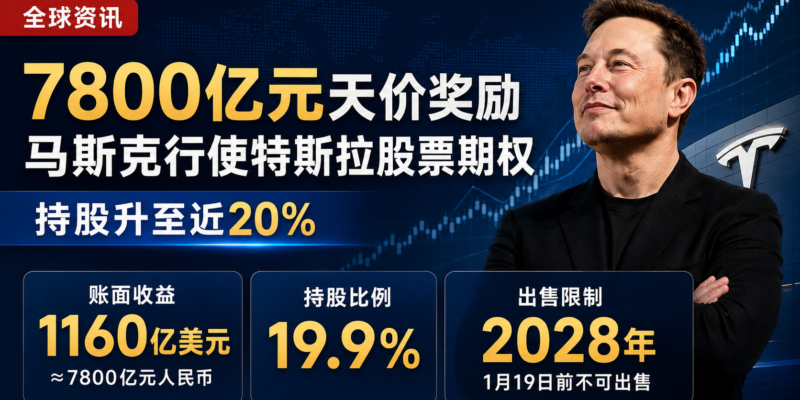 7800亿元天价奖励落地：马斯克行使特斯拉股票期权，持股比例升至近20%